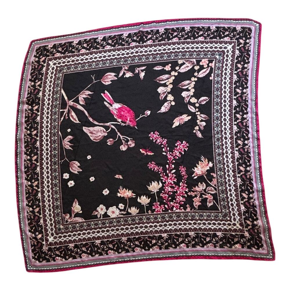 Pink Floral Scarf Wrap 40 X 40” Asian Bird Botanical motif Print Square Shawl